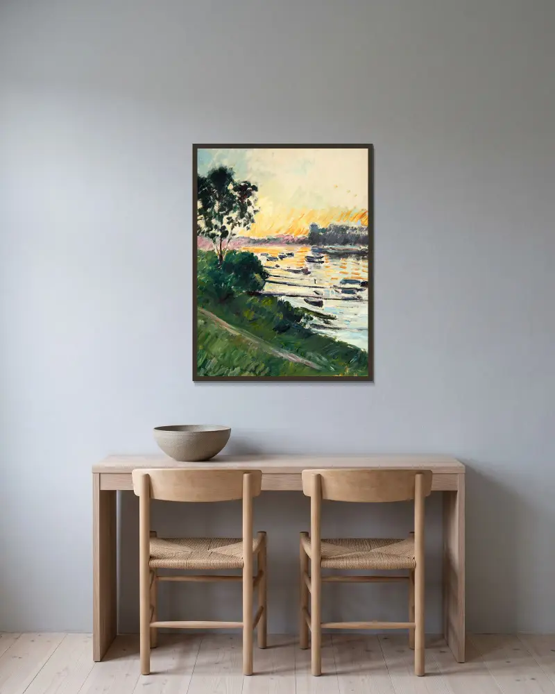 Seinebrädd, solnedgång av Gustave Caillebotte inramad på en vägg