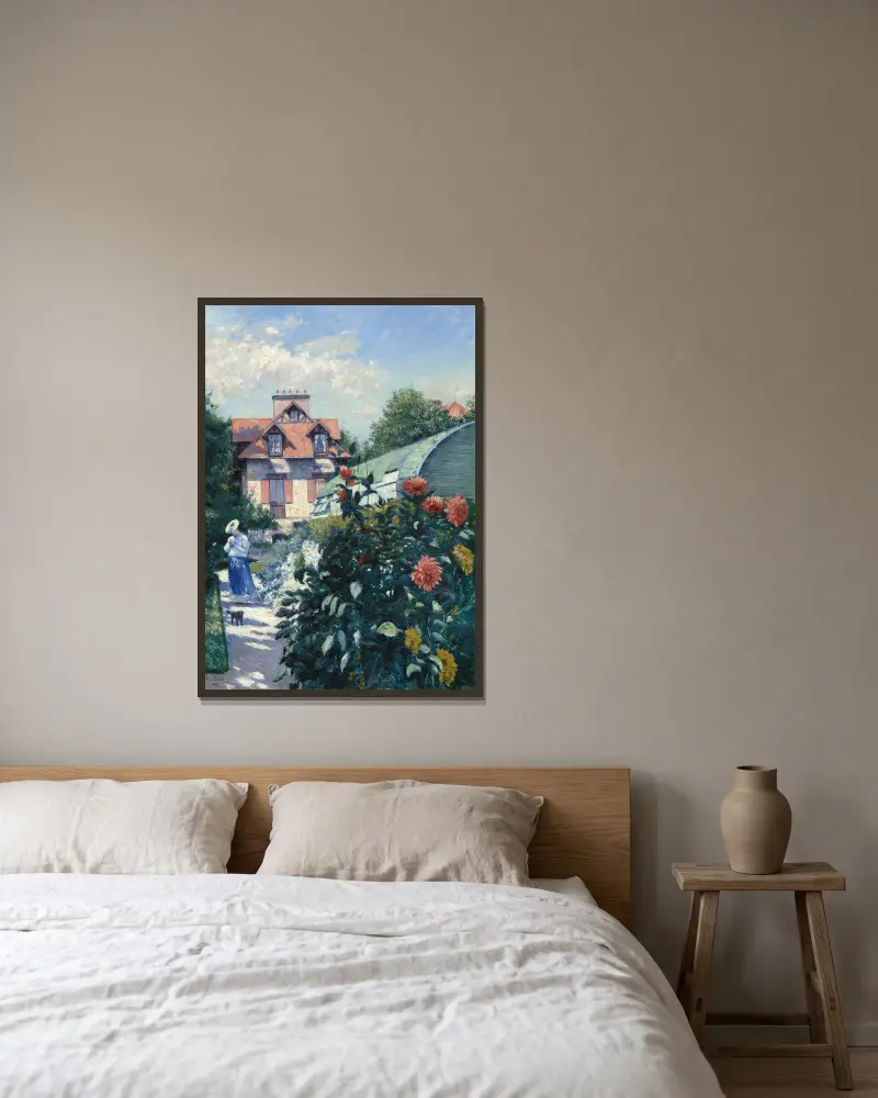Dahlior, trädgården i Petit Gennevilliers av Gustave Caillebotte inramad på en vägg