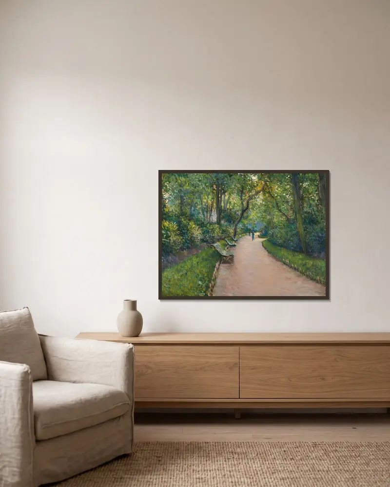 Le Parc Monceau av Gustave Caillebotte inramad på en vägg