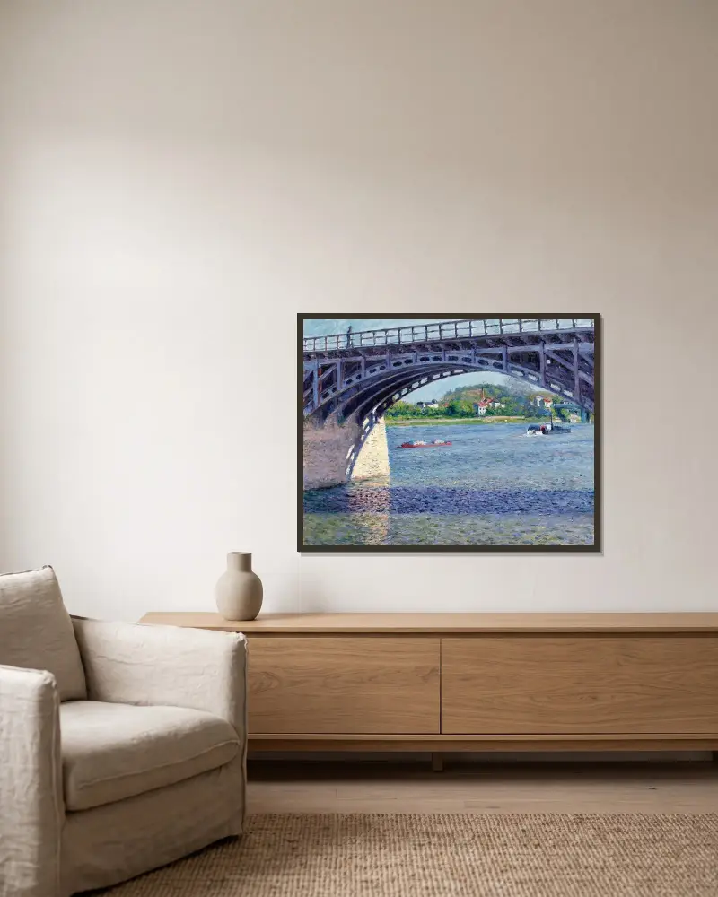 Bron i Argenteuil och Seine av Gustave Caillebotte inramad på en vägg