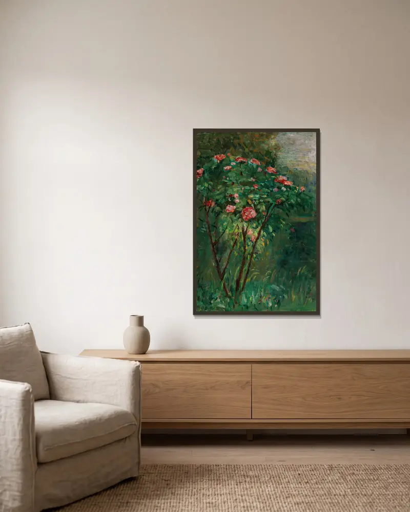 Der blühende Rosenstrauch von Gustave Caillebotte gerahmt an einer Wand