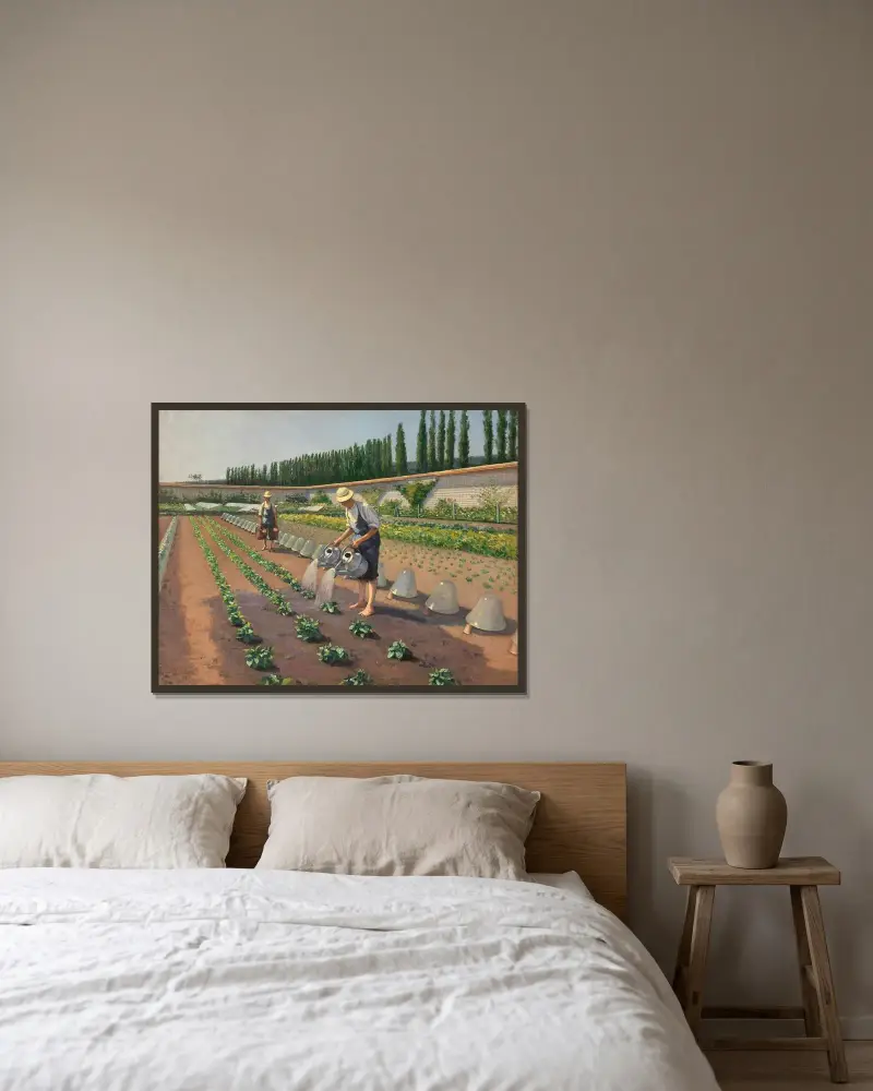 Les Jardiniers av Gustave Caillebotte inramad på en vägg