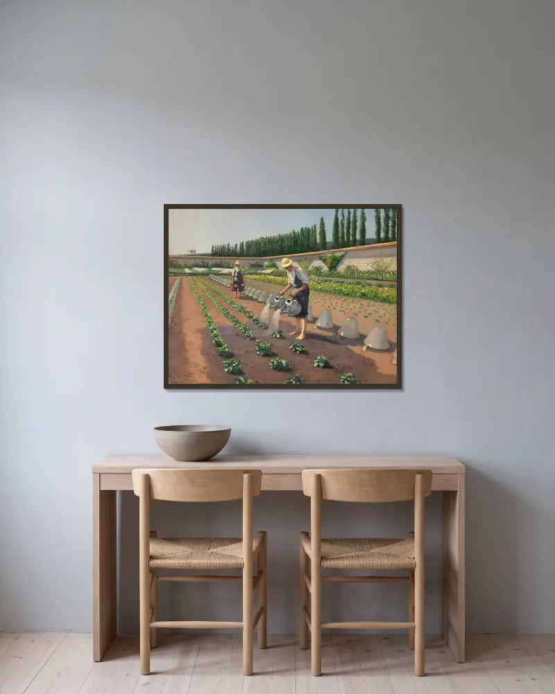 Les Jardiniers av Gustave Caillebotte inramad på en vägg