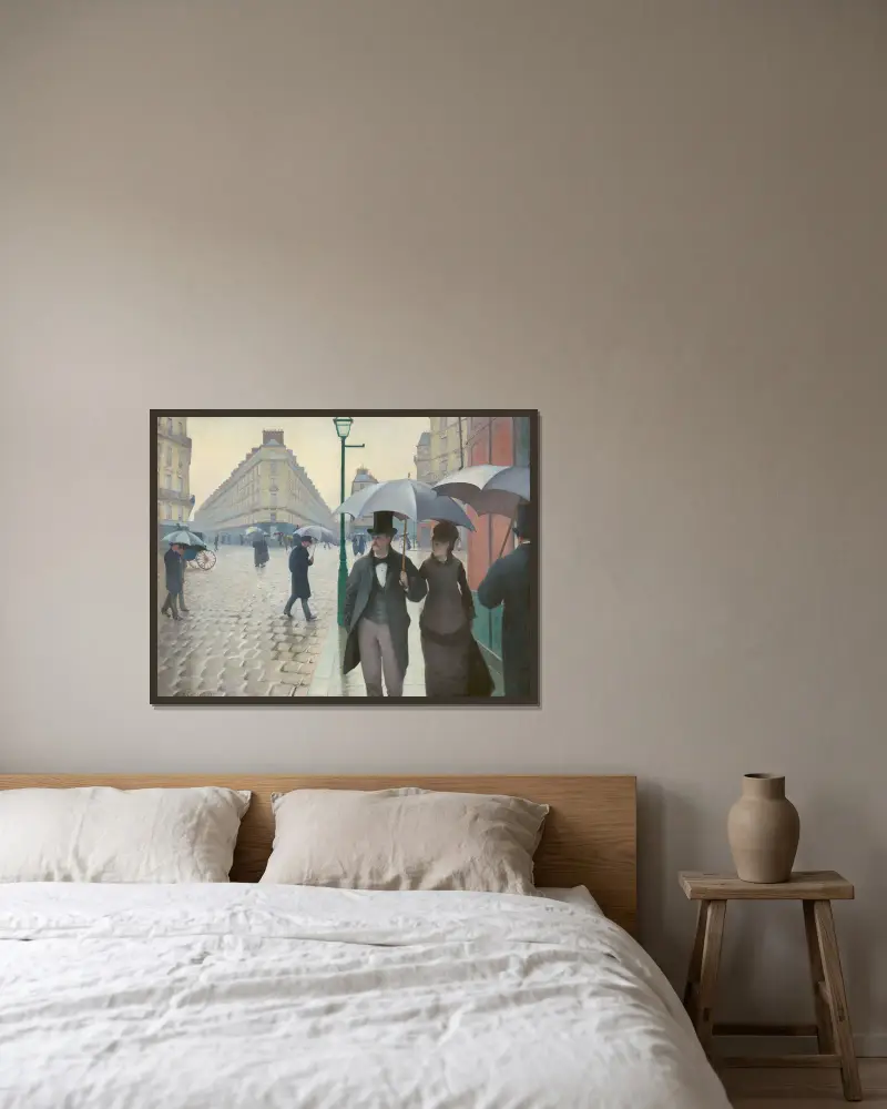Parisiskt gatuliv; regnig dag av Gustave Caillebotte inramad på en vägg