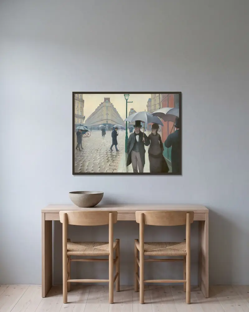 Parisiskt gatuliv; regnig dag av Gustave Caillebotte inramad på en vägg