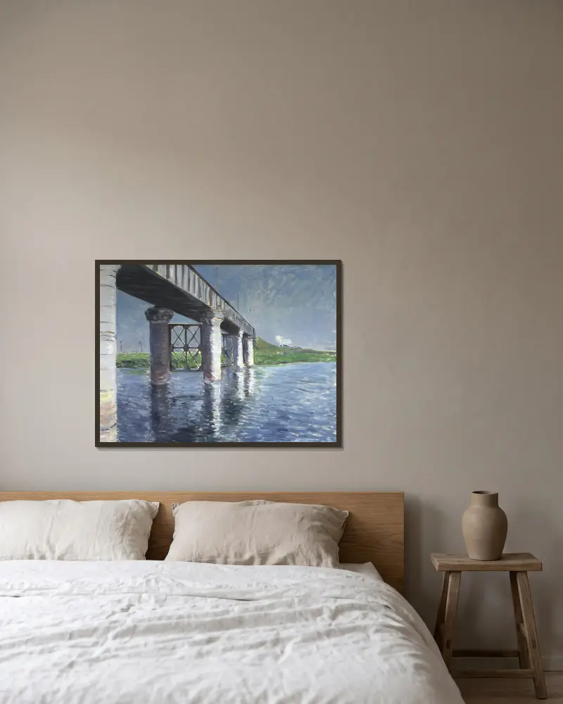 Seinen och järnvägsbron vid Argenteuil av Gustave Caillebotte inramad på en vägg