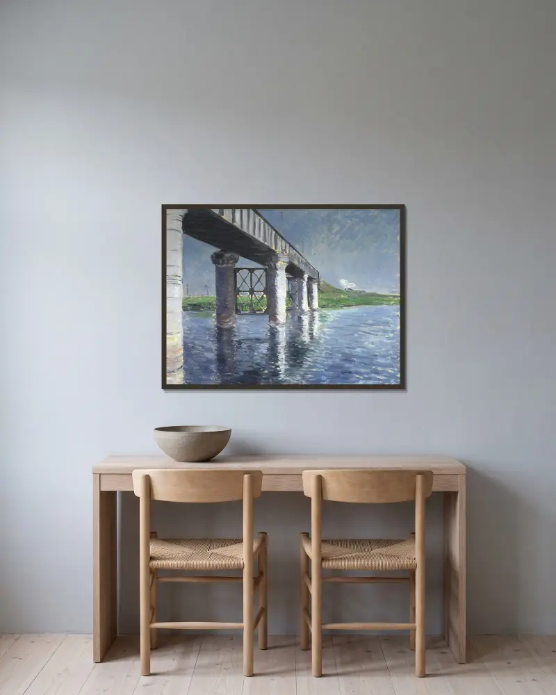 Seinen och järnvägsbron vid Argenteuil av Gustave Caillebotte inramad på en vägg