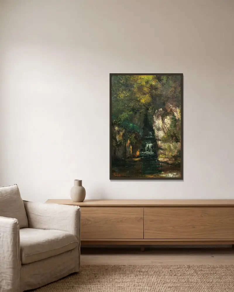 Ein Wasserfall bei Ornans von Gustave Courbet gerahmt an einer Wand