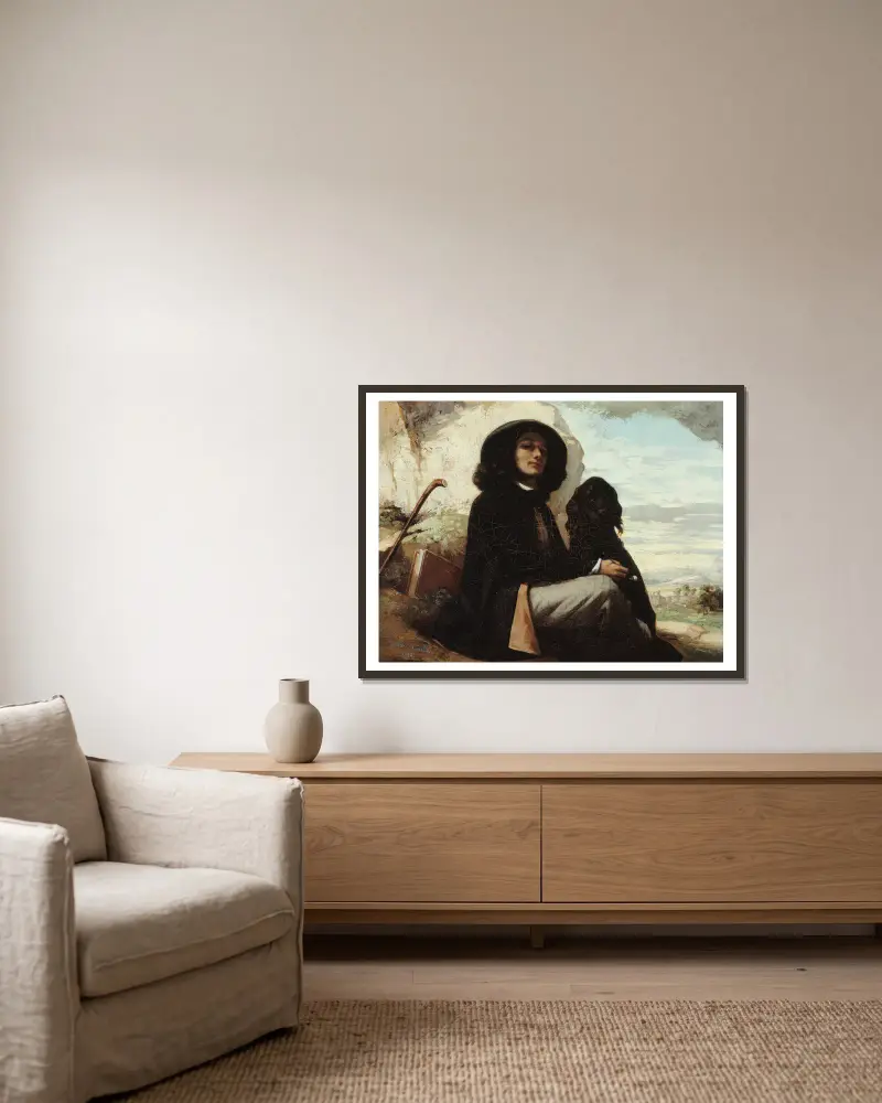 Självporträtt kallat Courbet med den svarta hunden av Gustave Courbet inramad på en vägg