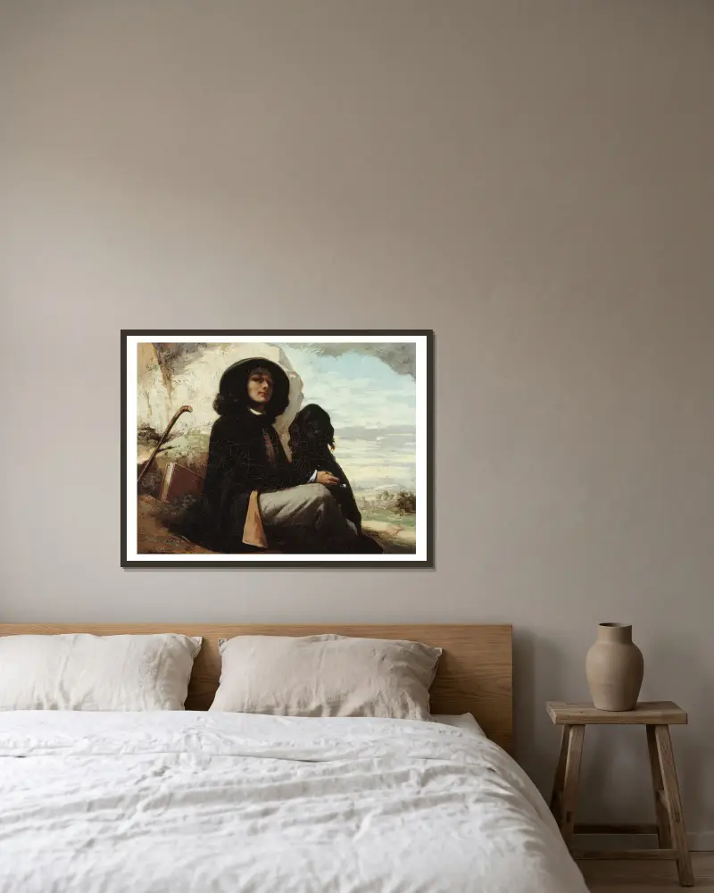 Självporträtt kallat Courbet med den svarta hunden av Gustave Courbet inramad på en vägg
