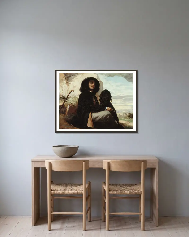 Självporträtt kallat Courbet med den svarta hunden av Gustave Courbet inramad på en vägg