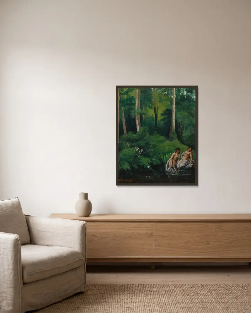 Badende im Wald von Gustave Courbet gerahmt an einer Wand