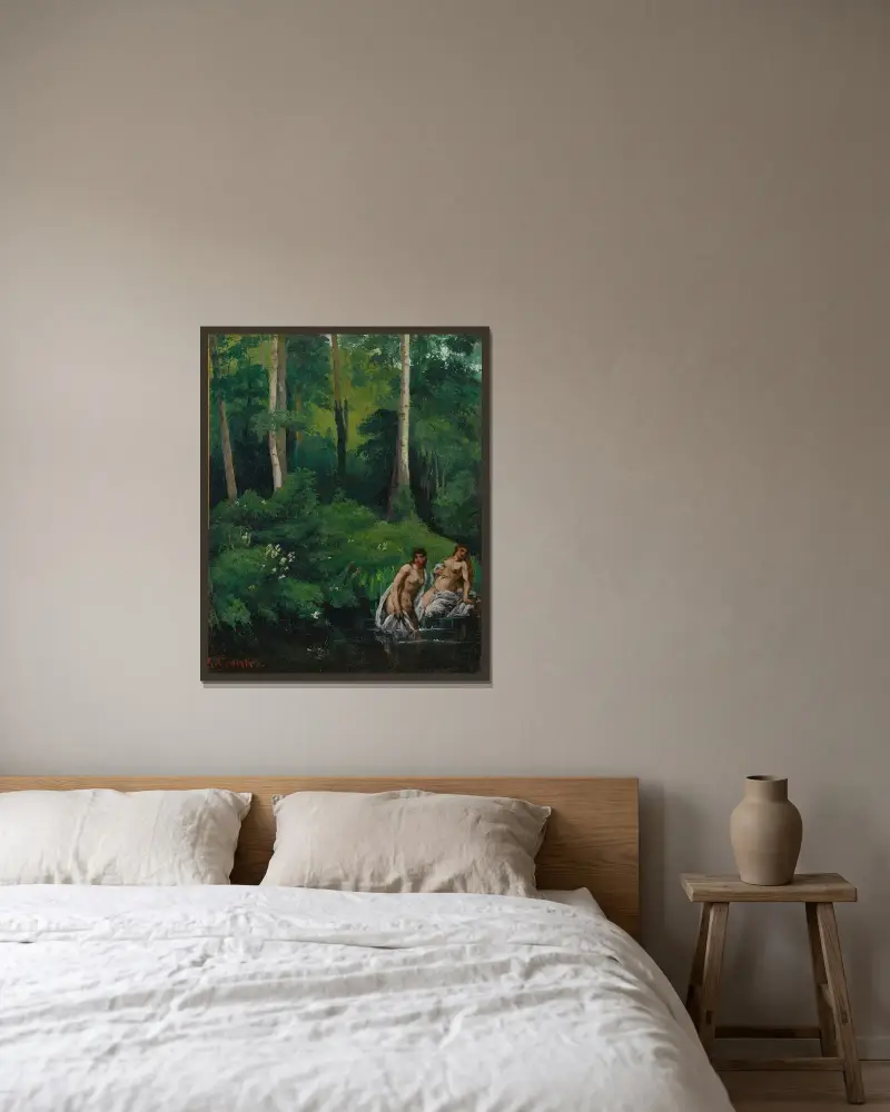 Badende im Wald von Gustave Courbet gerahmt an einer Wand