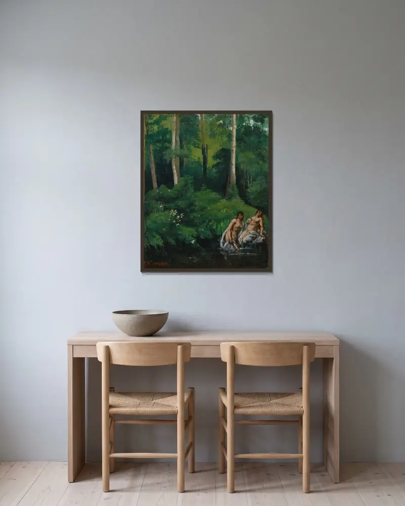 Badende im Wald von Gustave Courbet gerahmt an einer Wand