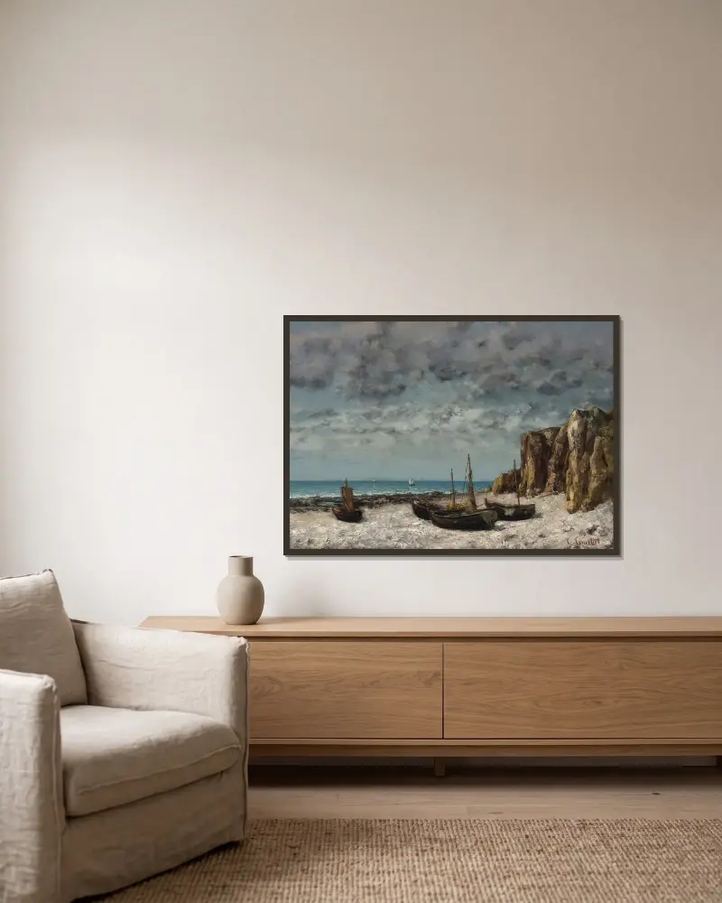 Båtar på en strand, Étretat av Gustave Courbet inramad på en vägg
