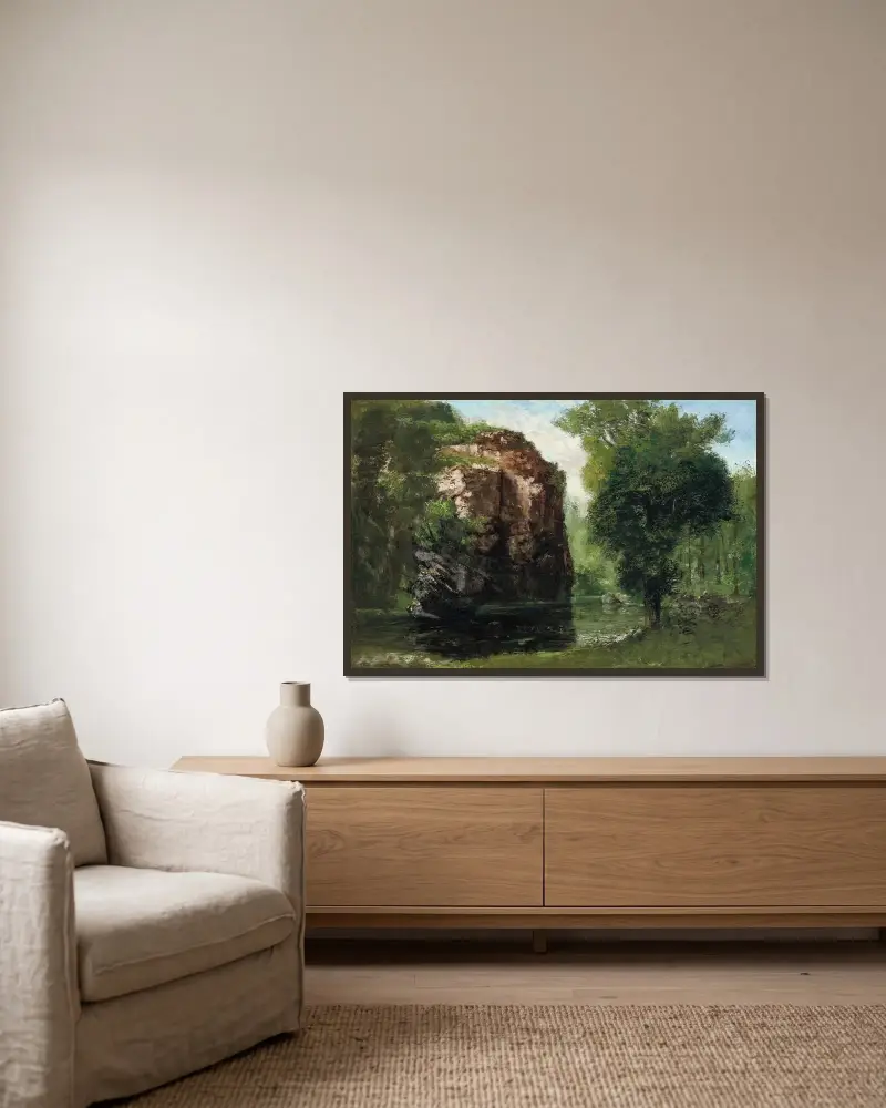 Ufer der Loue mit Felsen links von Gustave Courbet gerahmt an einer Wand