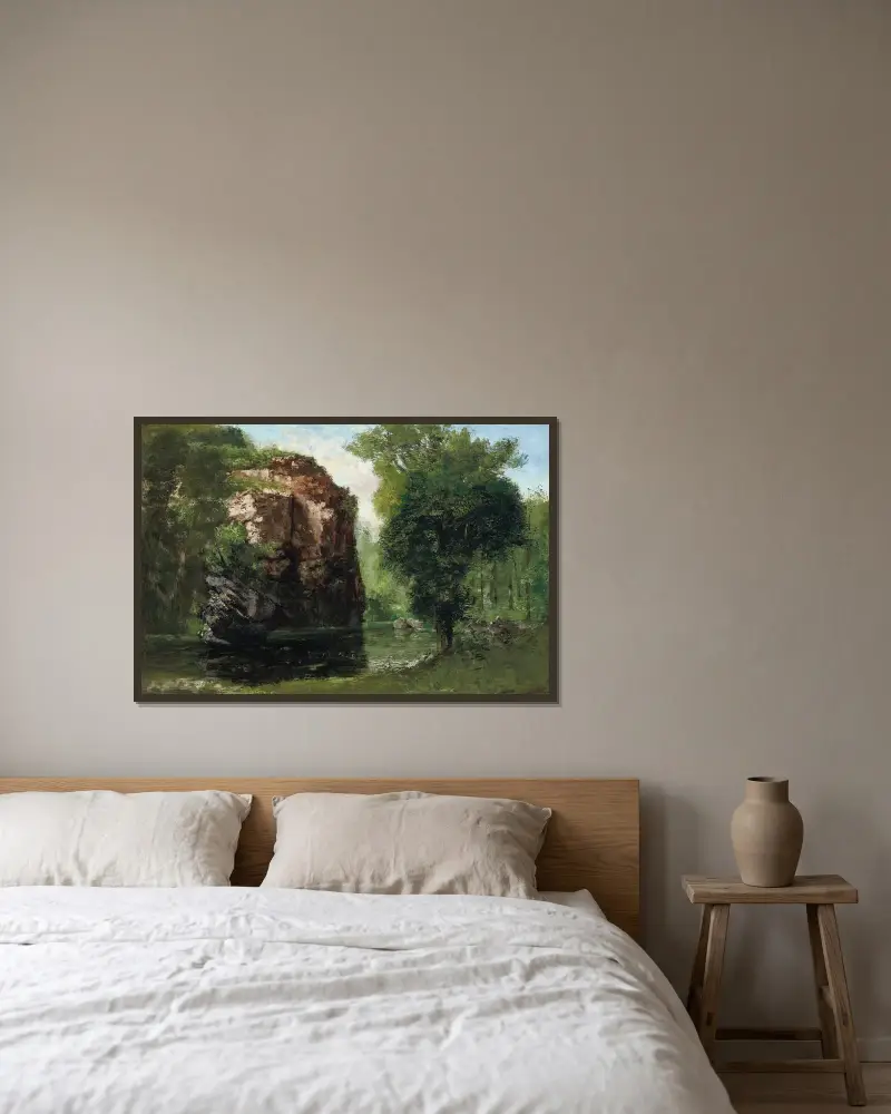 Ufer der Loue mit Felsen links von Gustave Courbet gerahmt an einer Wand