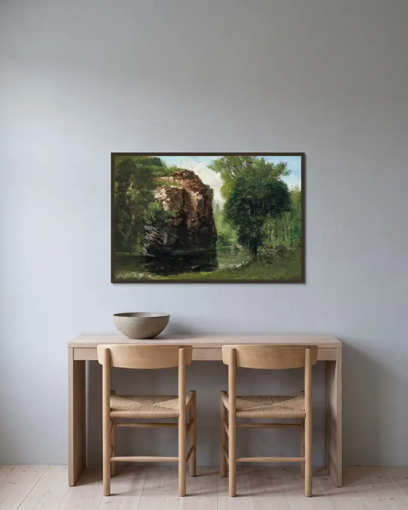 Ufer der Loue mit Felsen links von Gustave Courbet gerahmt an einer Wand