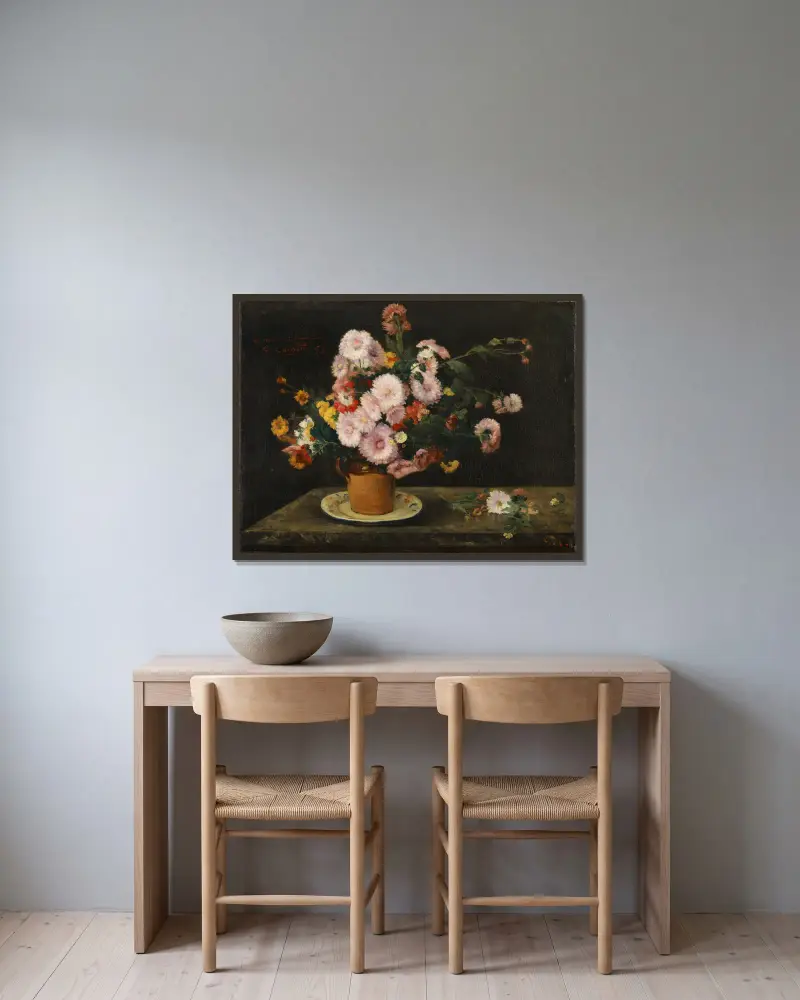 Bukett med astrar av Gustave Courbet inramad på en vägg