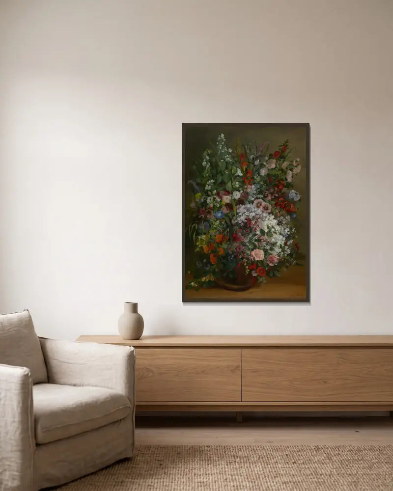 Bukett av blommor i en vas av Gustave Courbet inramad på en vägg