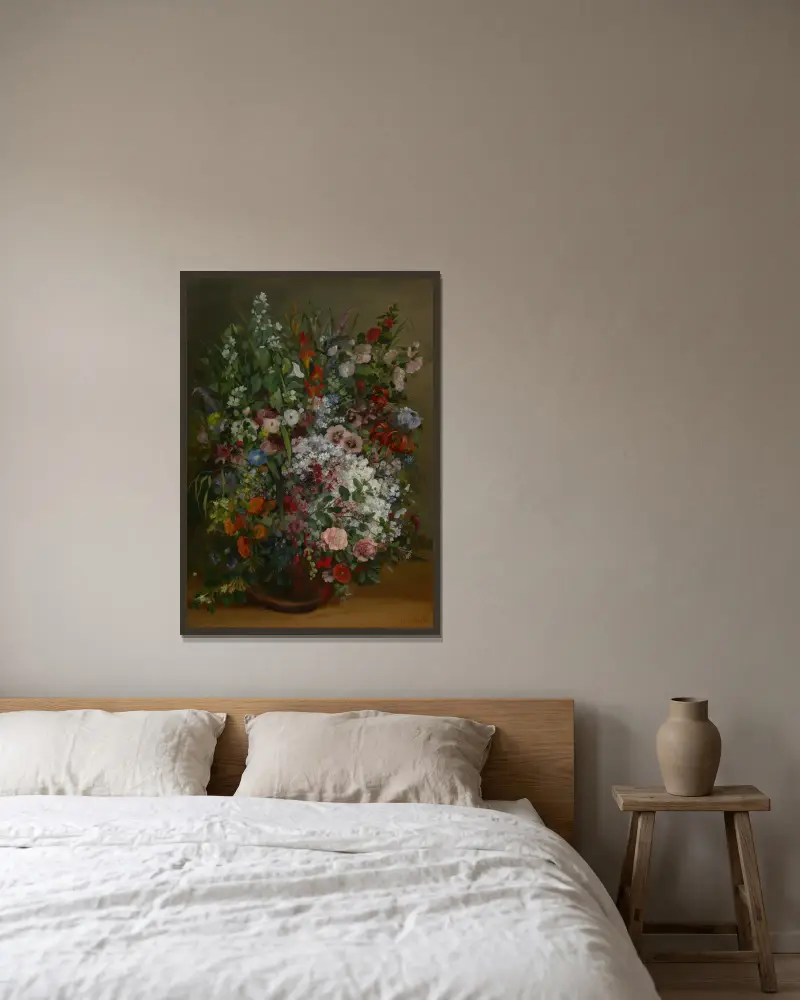 Bukett av blommor i en vas av Gustave Courbet inramad på en vägg