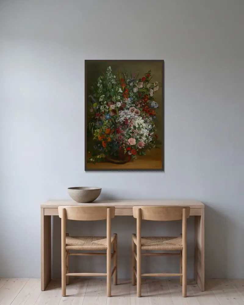 Bukett av blommor i en vas av Gustave Courbet inramad på en vägg