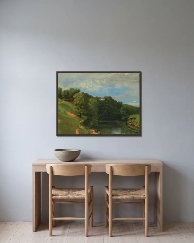 Slott vid floden av Gustave Courbet inramad på en vägg