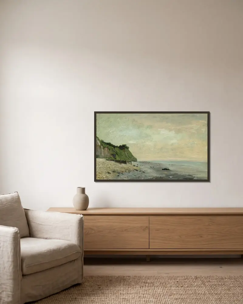 Klippor vid havskusten; liten strand, soluppgång av Gustave Courbet inramad på en vägg