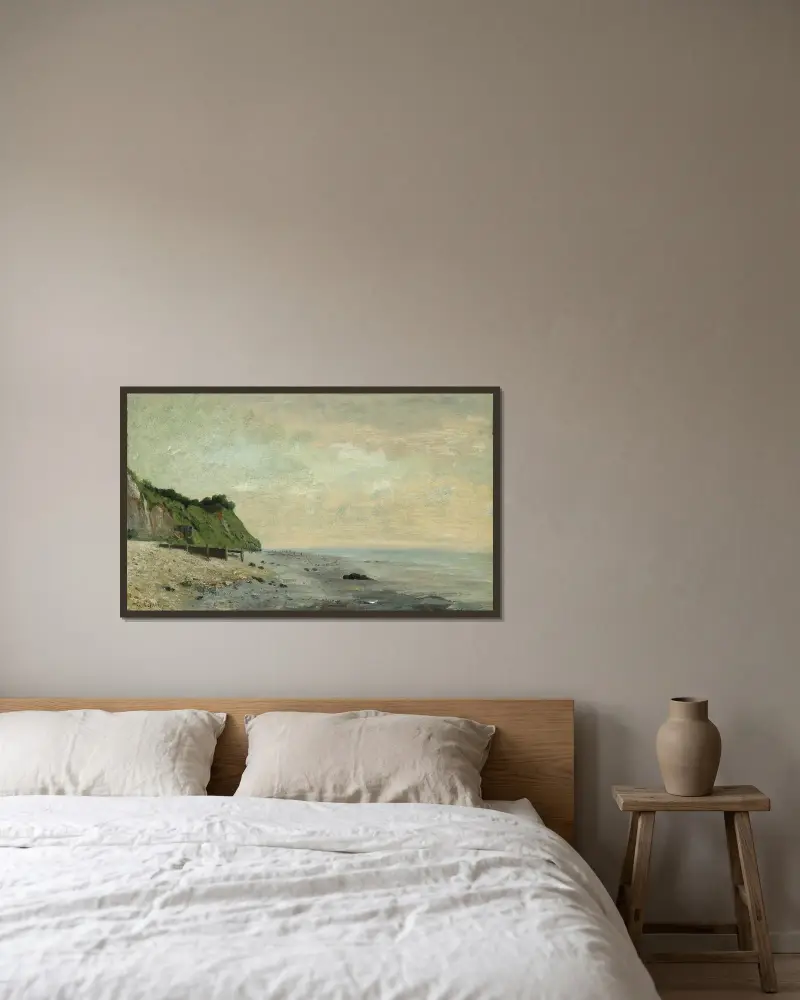 Klippor vid havskusten; liten strand, soluppgång av Gustave Courbet inramad på en vägg