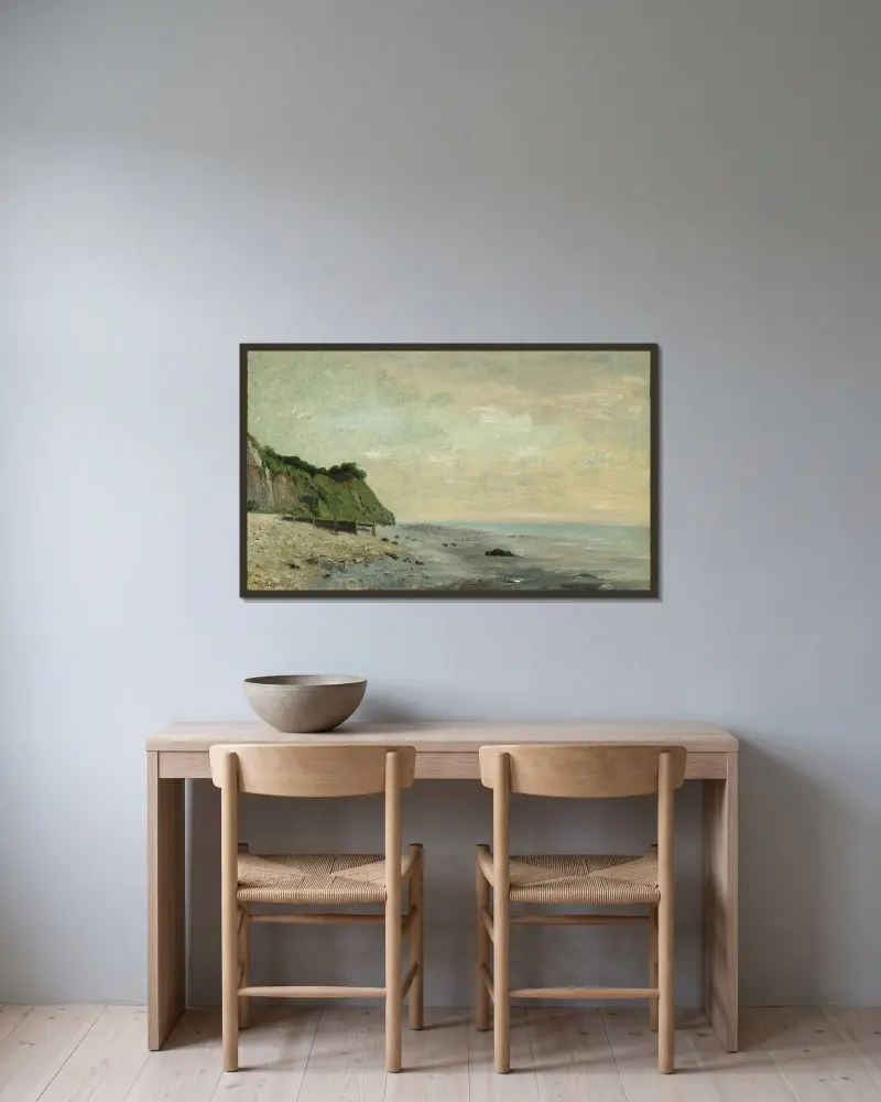 Klippor vid havskusten; liten strand, soluppgång av Gustave Courbet inramad på en vägg