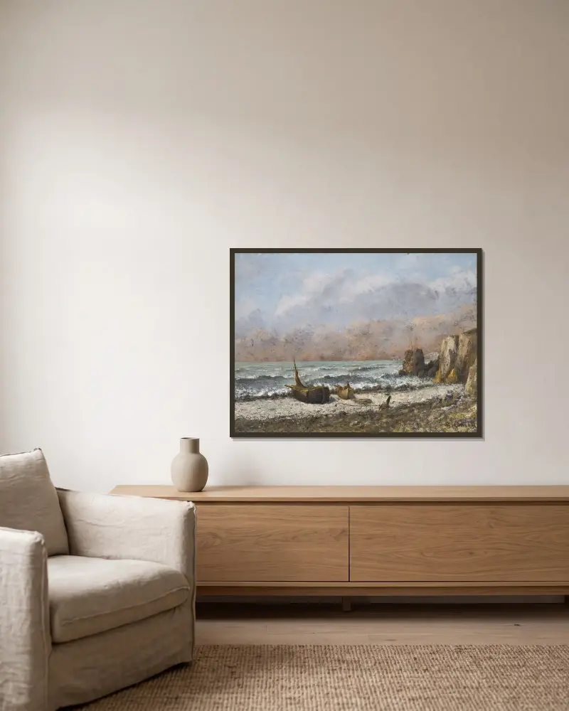 Två båtar på stranden av Gustave Courbet inramad på en vägg