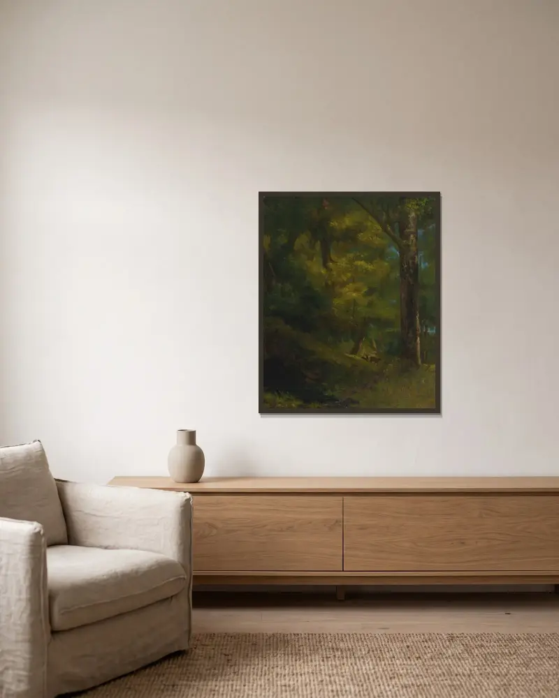 Två rådjur i skogen av Gustave Courbet inramad på en vägg