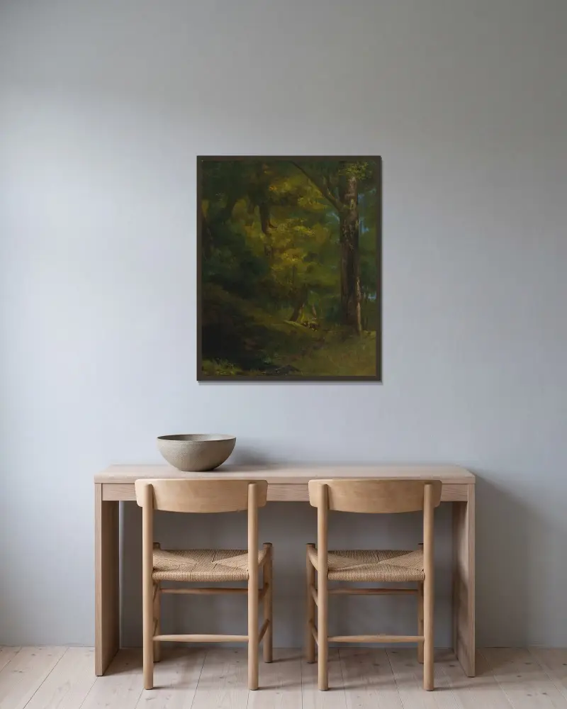 Två rådjur i skogen av Gustave Courbet inramad på en vägg