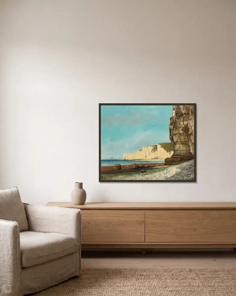 Étretat; Klipporna av Gustave Courbet inramad på en vägg