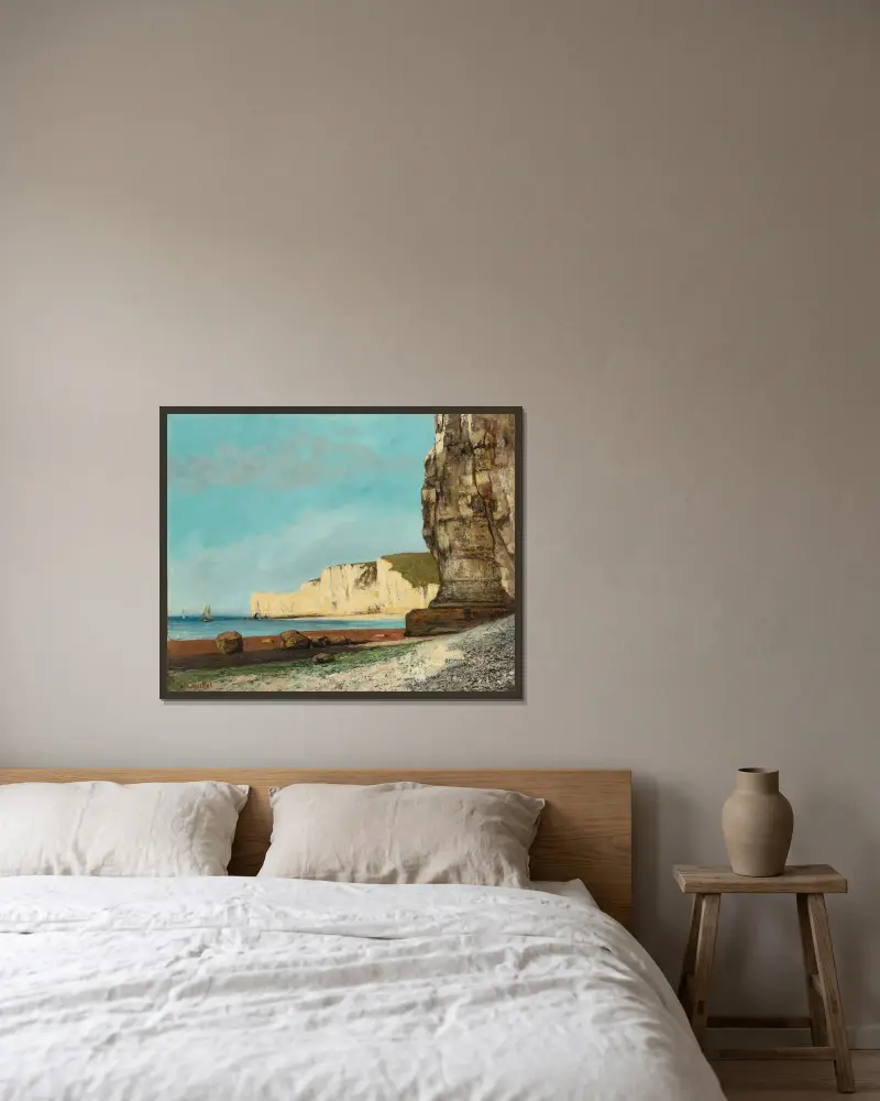 Étretat; Klipporna av Gustave Courbet inramad på en vägg