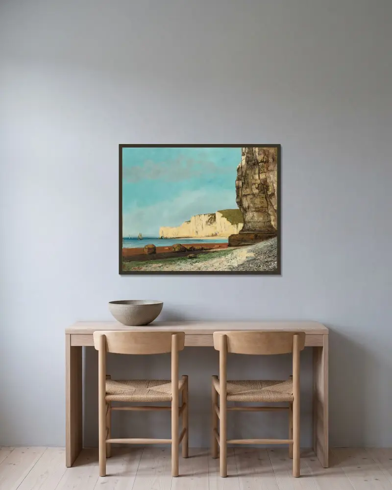 Étretat; Klipporna av Gustave Courbet inramad på en vägg