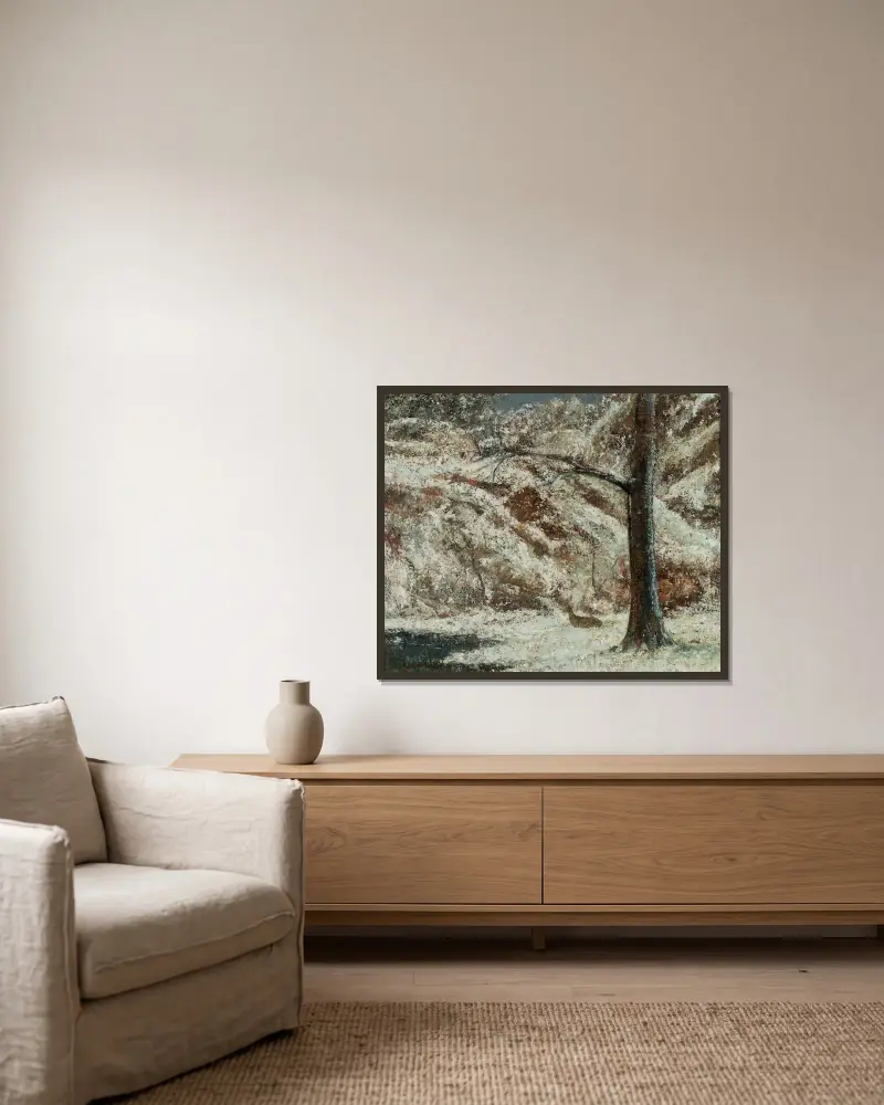 Rådjurskid i snön i skogen av Gustave Courbet inramad på en vägg