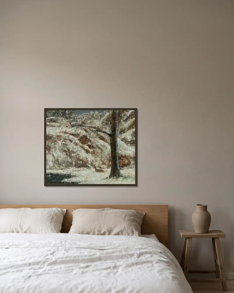 Rådjurskid i snön i skogen av Gustave Courbet inramad på en vägg