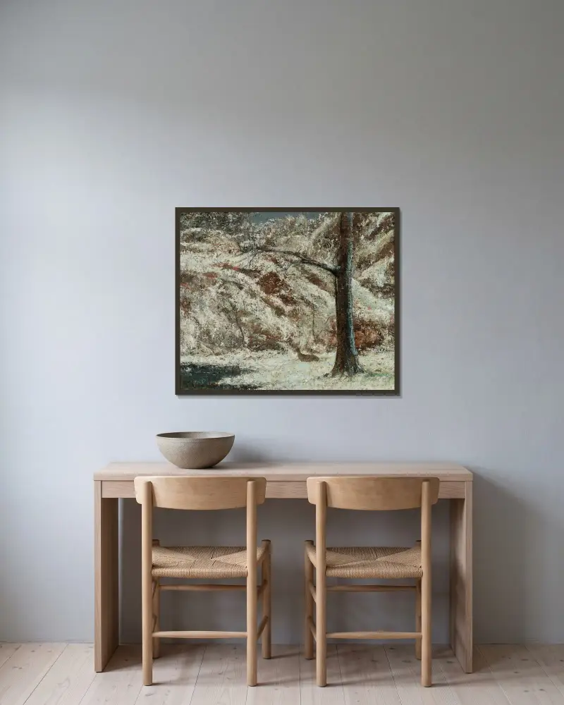 Rådjurskid i snön i skogen av Gustave Courbet inramad på en vägg