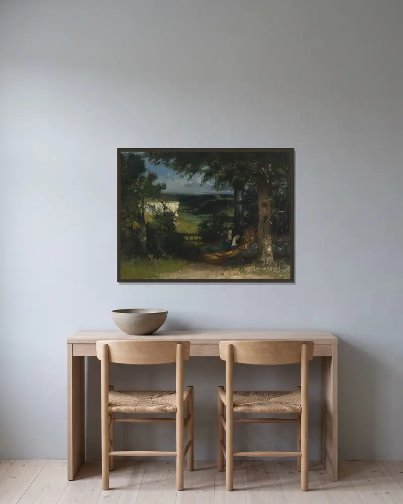 Kvinna i hängmatta av Gustave Courbet inramad på en vägg
