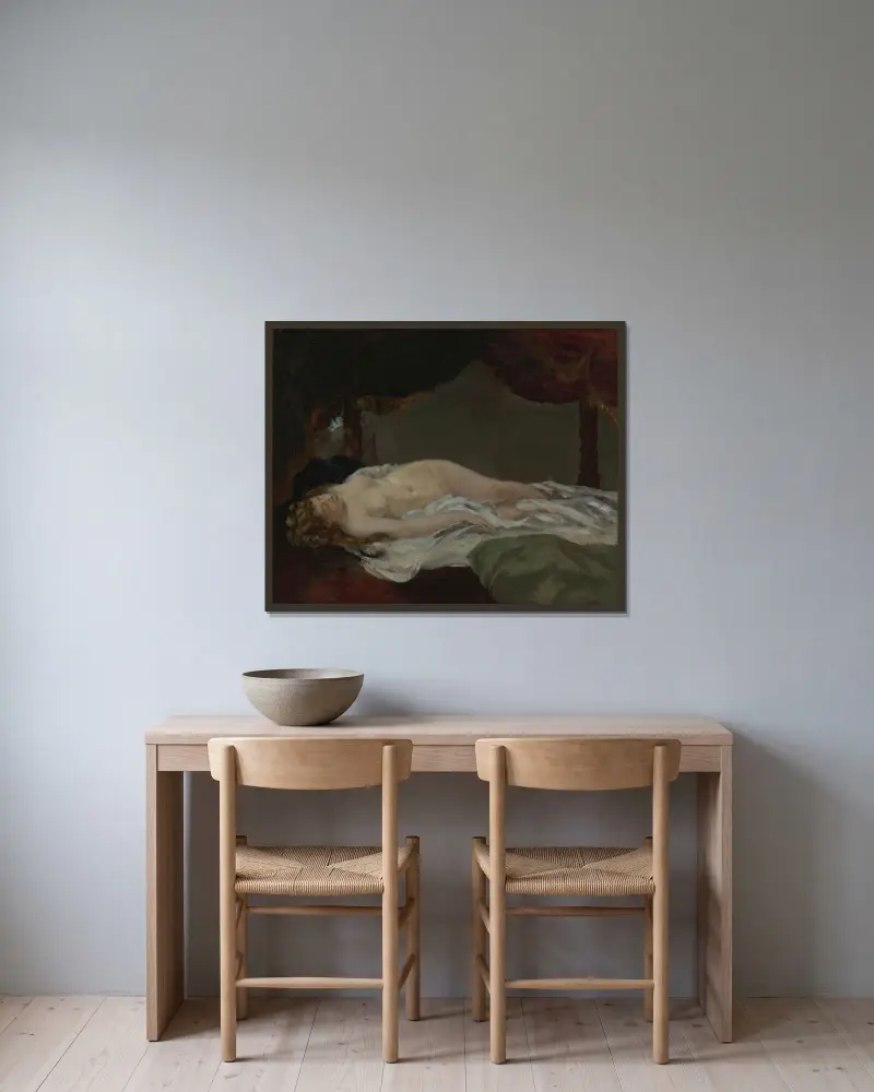 Sovande kvinna av Gustave Courbet inramad på en vägg
