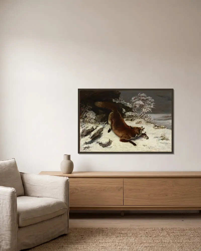 Fox in the Snow av Gustave Courbet inramad på en vägg
