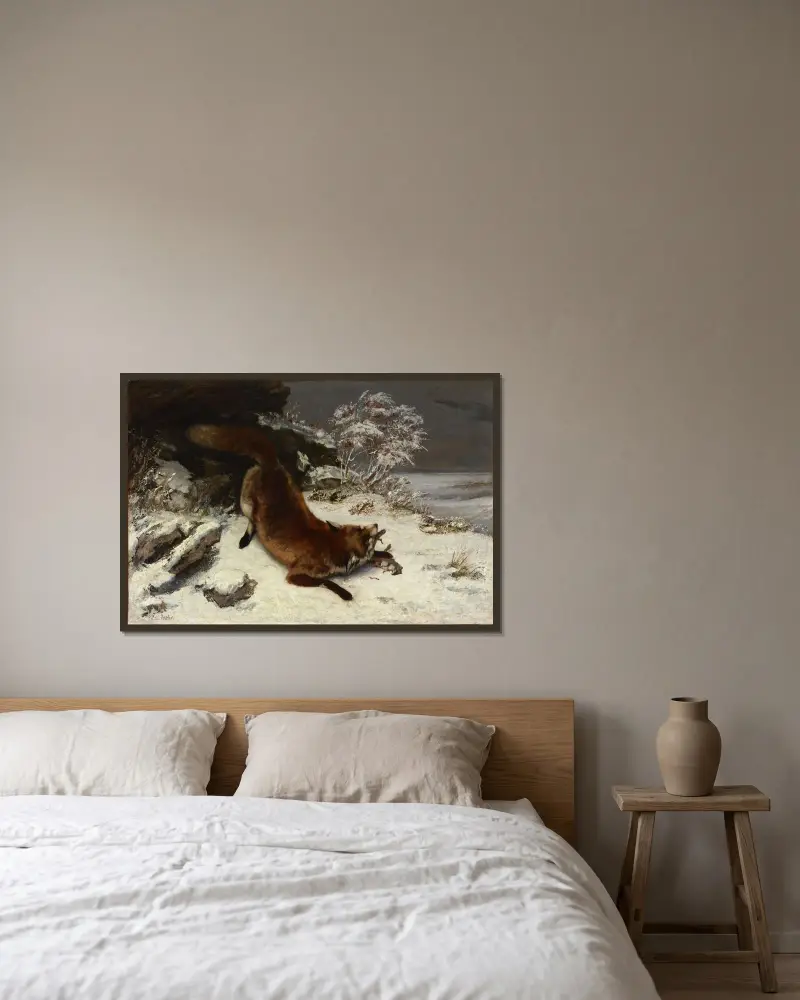 Fox in the Snow av Gustave Courbet inramad på en vägg
