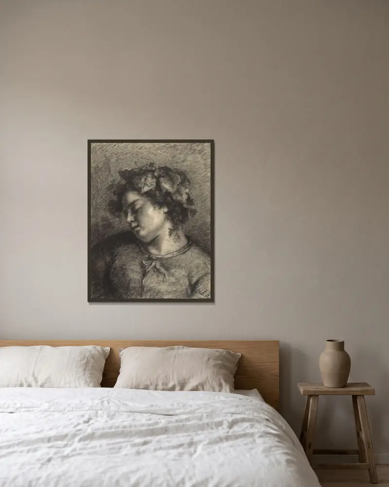 Huvud av en sovande backant av Gustave Courbet inramad på en vägg