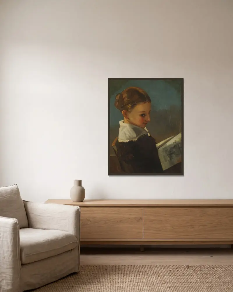 Juliette Courbet im Alter von zehn Jahren von Gustave Courbet gerahmt an einer Wand