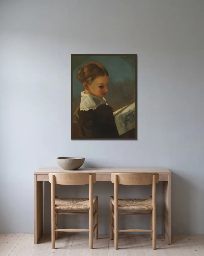 Juliette Courbet im Alter von zehn Jahren von Gustave Courbet gerahmt an einer Wand
