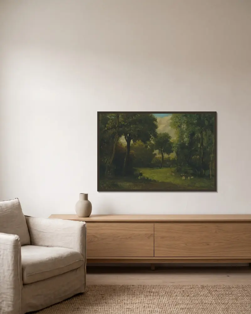 La Clairière – nr 1 av Gustave Courbet inramad på en vägg