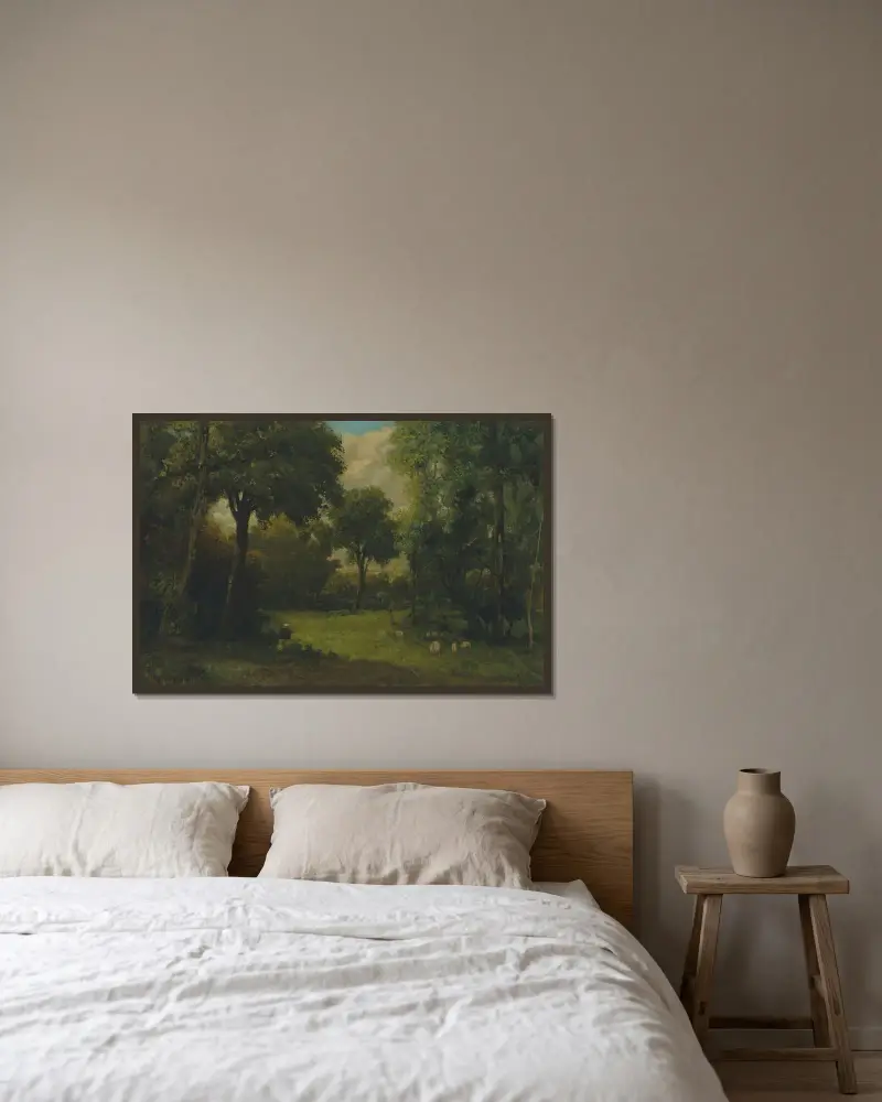 La Clairière – nr 1 av Gustave Courbet inramad på en vägg