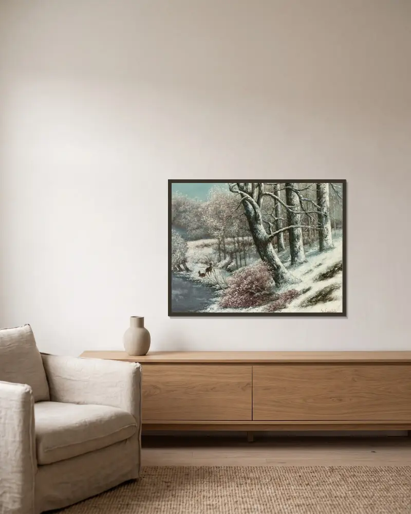 La Forêt En Hiver av Gustave Courbet inramad på en vägg