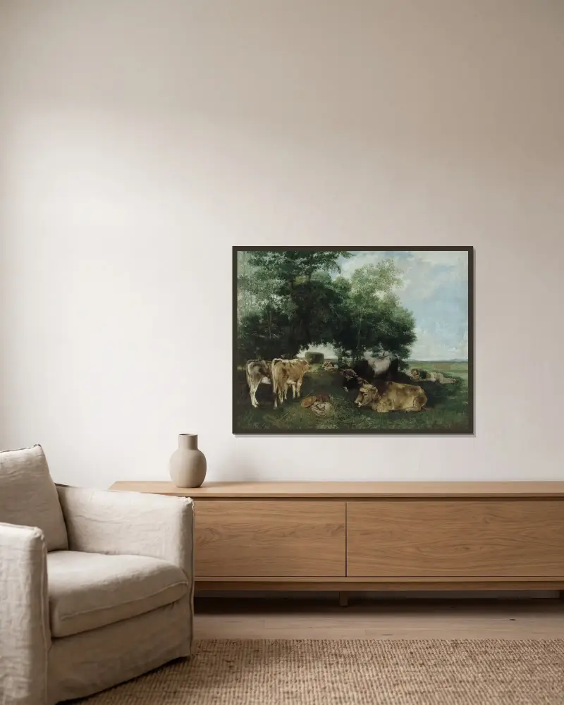 Vilan under höskörden av Gustave Courbet inramad på en vägg